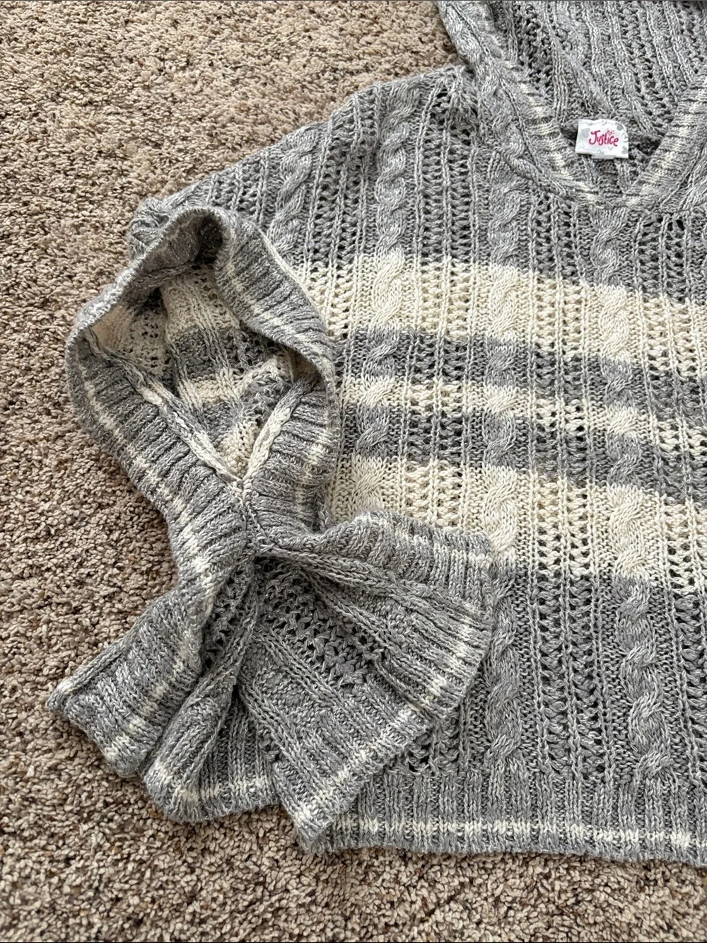 Girl's Hooded Knit poncho in Gray and Cream